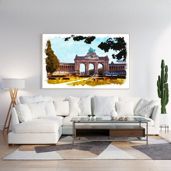 Wadi Home Grand Arch Landscape Wall Art, watercolor style painting of a European archway with blue sky and greenery.