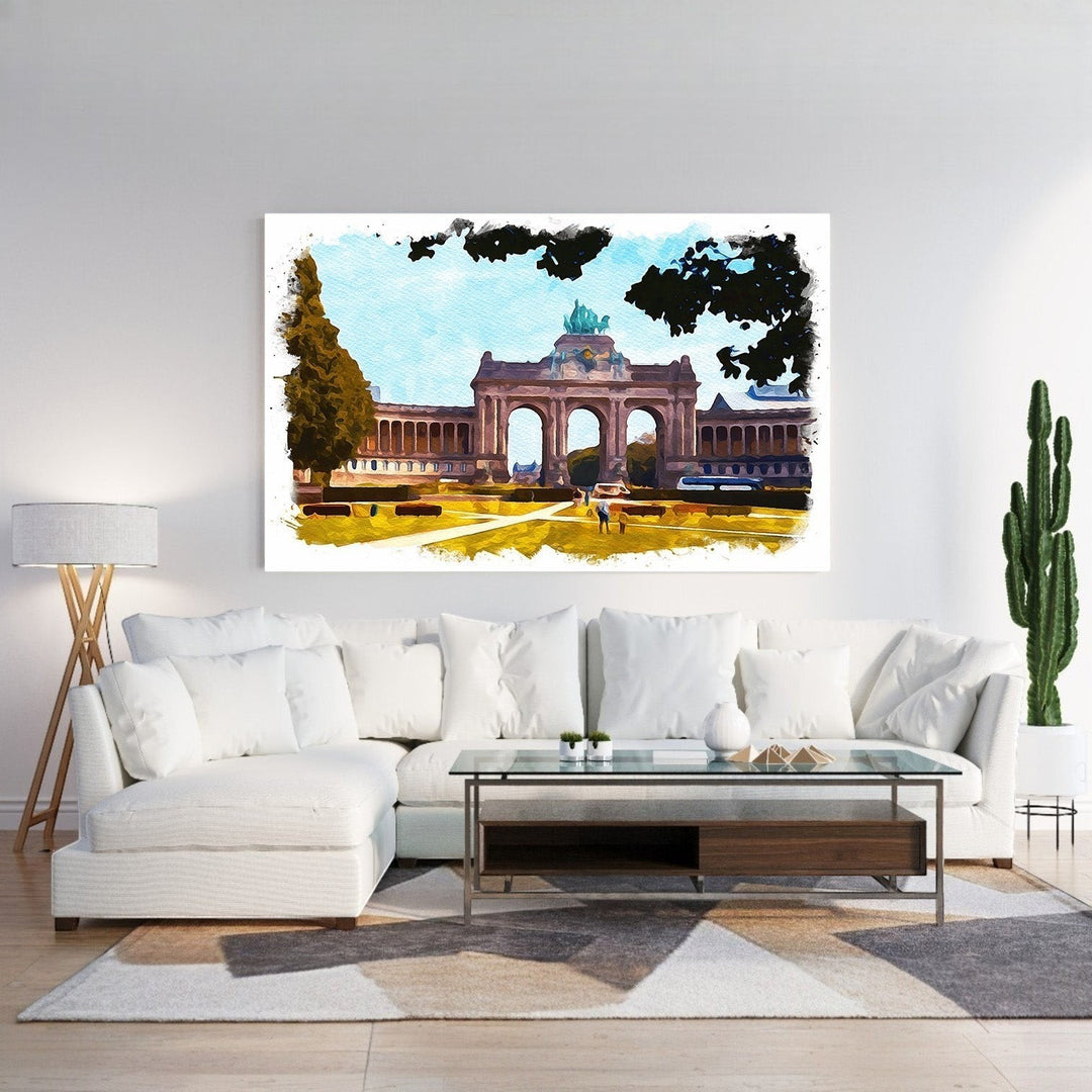 Wadi Home Grand Arch Landscape Wall Art, watercolor style painting of European architecture with blue sky and greenery.