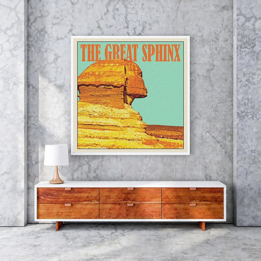 Wadi Home vintage poster of the Great Sphinx in orange and teal, framed in white.