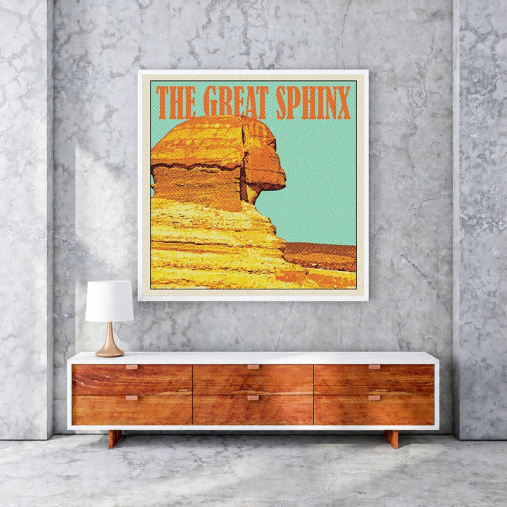 Wadi Home vintage poster of the Great Sphinx in orange and teal, framed in white.