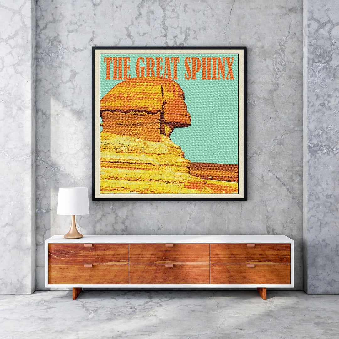 Wadi Home Great Sphinx vintage poster with bold orange text and graphic design of the ancient monument on a teal background.