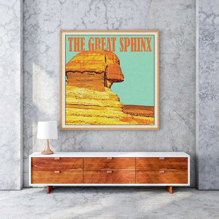 Wadi Home vintage poster of the Great Sphinx in Egypt, featuring bold orange text and a retro graphic design on a teal background.