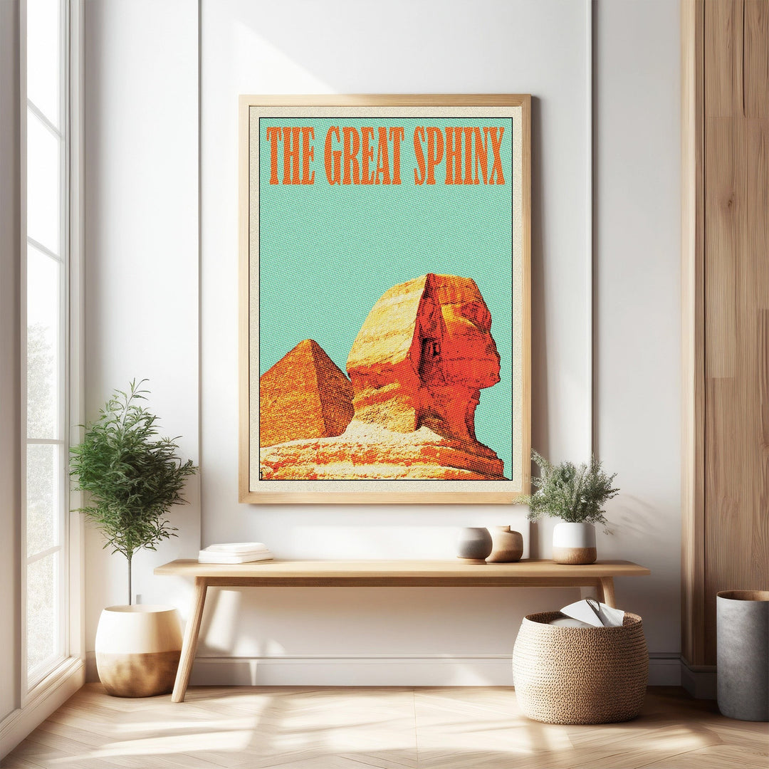 Wadi Home vintage travel poster of the Great Sphinx and pyramid against a turquoise sky. Retro design with warm, earthy tones.