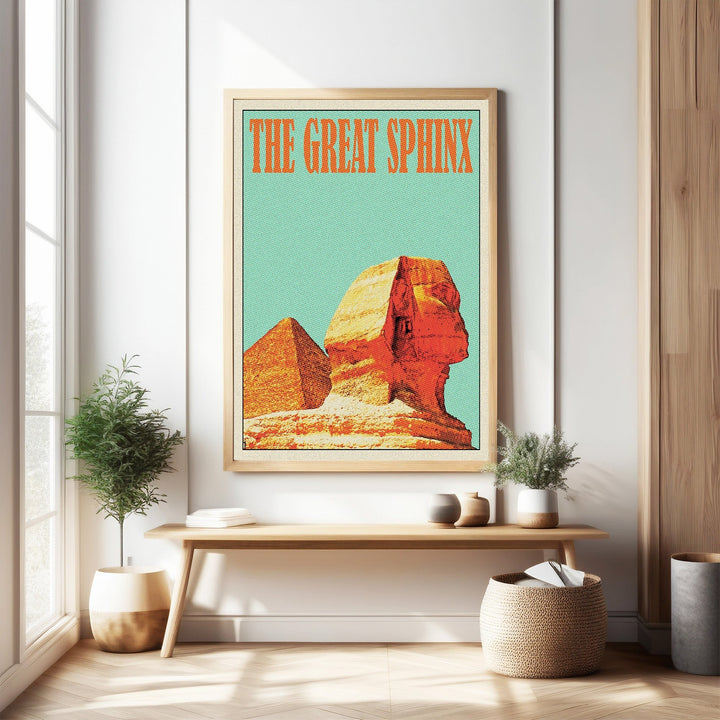 Wadi Home vintage travel poster of the Great Sphinx and pyramid against a turquoise sky. Retro design with warm, earthy tones.