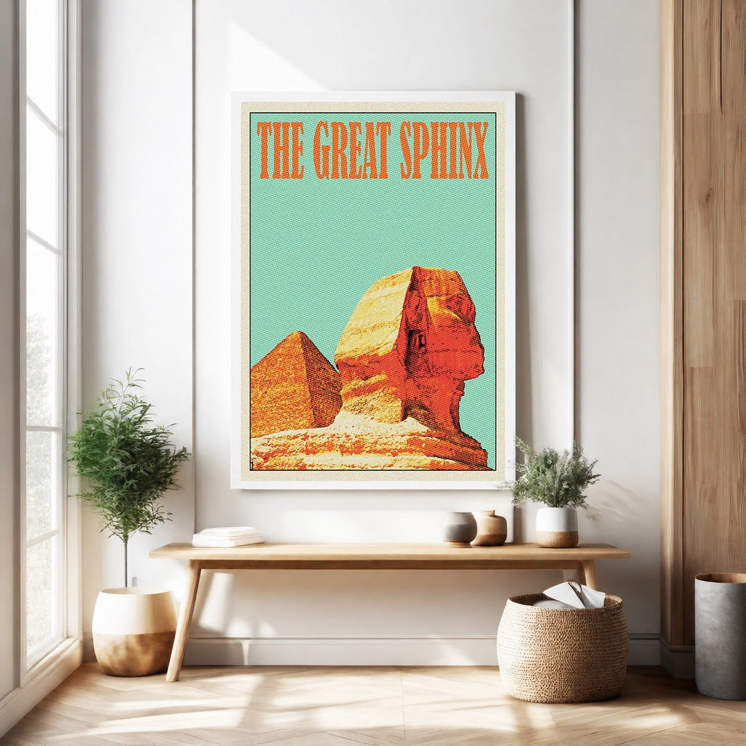 Wadi Home vintage travel poster of the Great Sphinx and pyramid against a turquoise sky. Retro design.