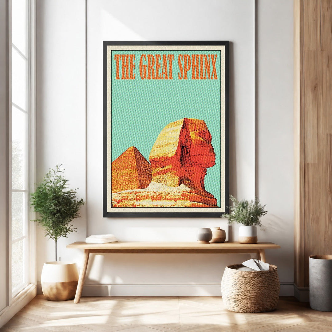 Wadi Home vintage travel poster of the Great Sphinx and pyramid against a turquoise sky. Retro design with warm, earthy tones.
