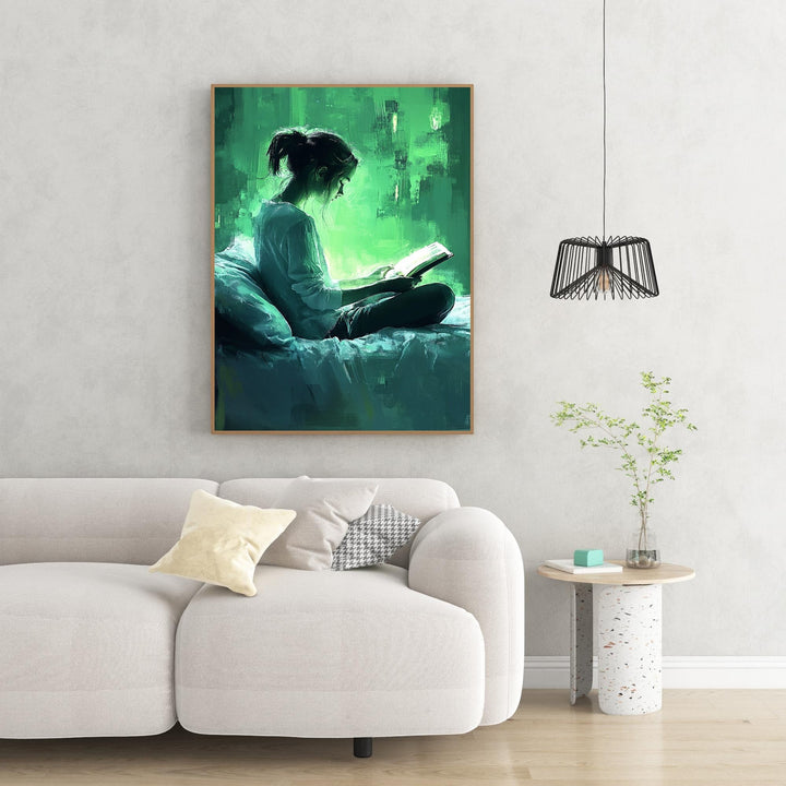 Wadi Home abstract impressionist wall art of a woman reading a book in a green, ethereal glow.