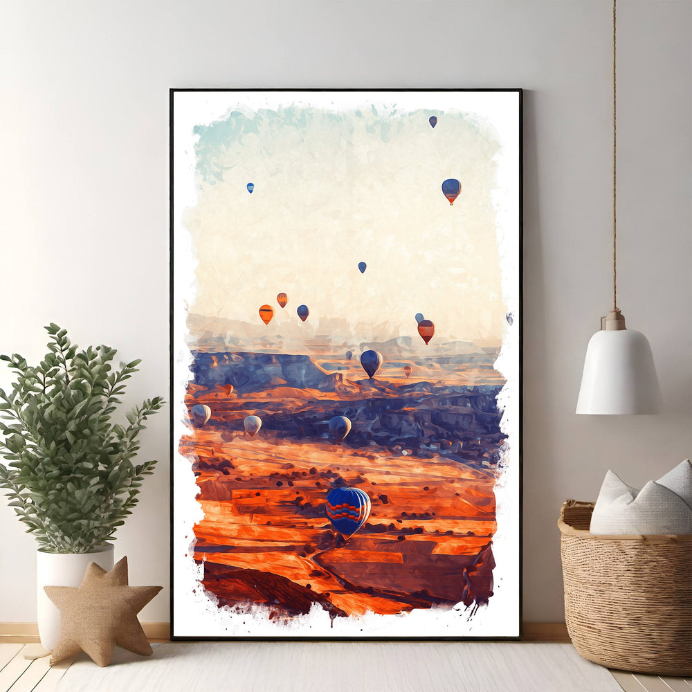 Wadi Home hot air balloon landscape wall art, vibrant painterly depiction of balloons over a canyon at sunrise.