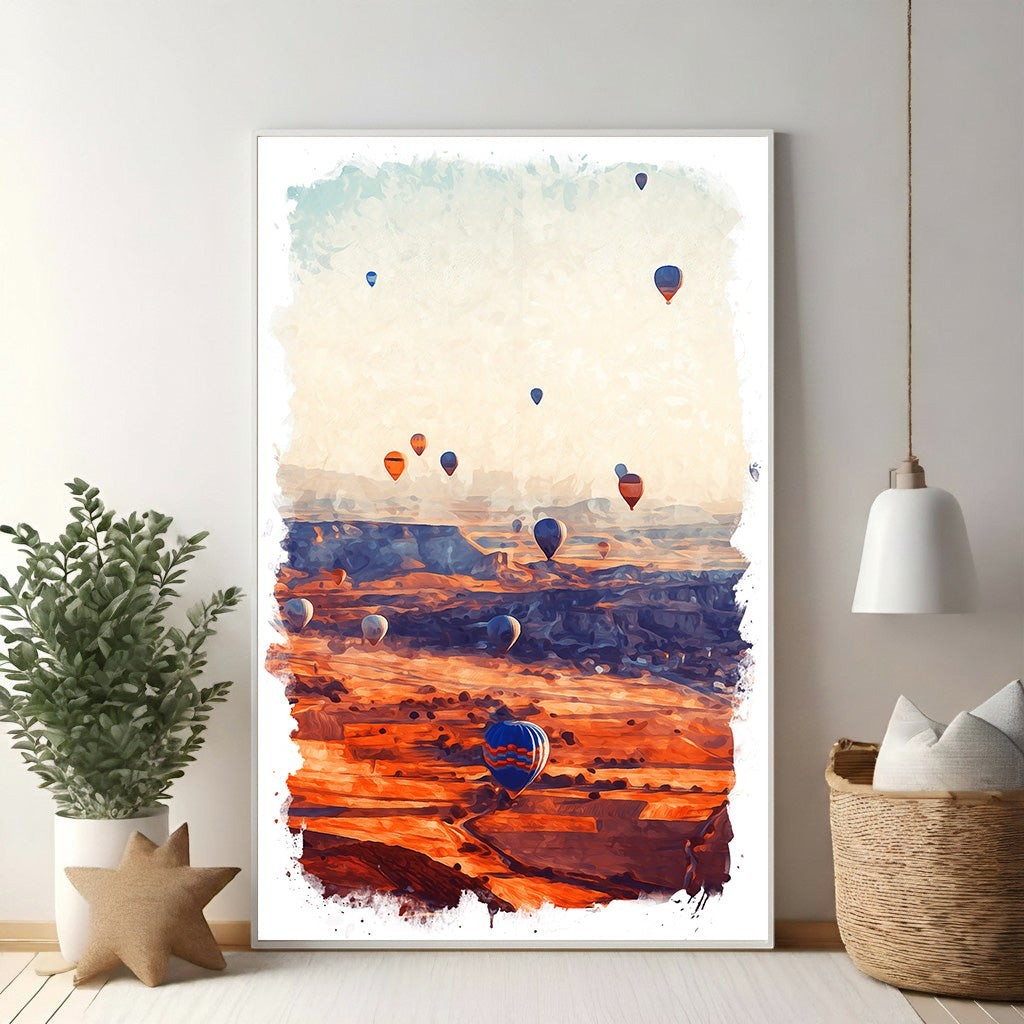 Wadi Home hot air balloon landscape wall art, vibrant painterly style, canyon at sunrise, warm earthy tones, sense of adventure.