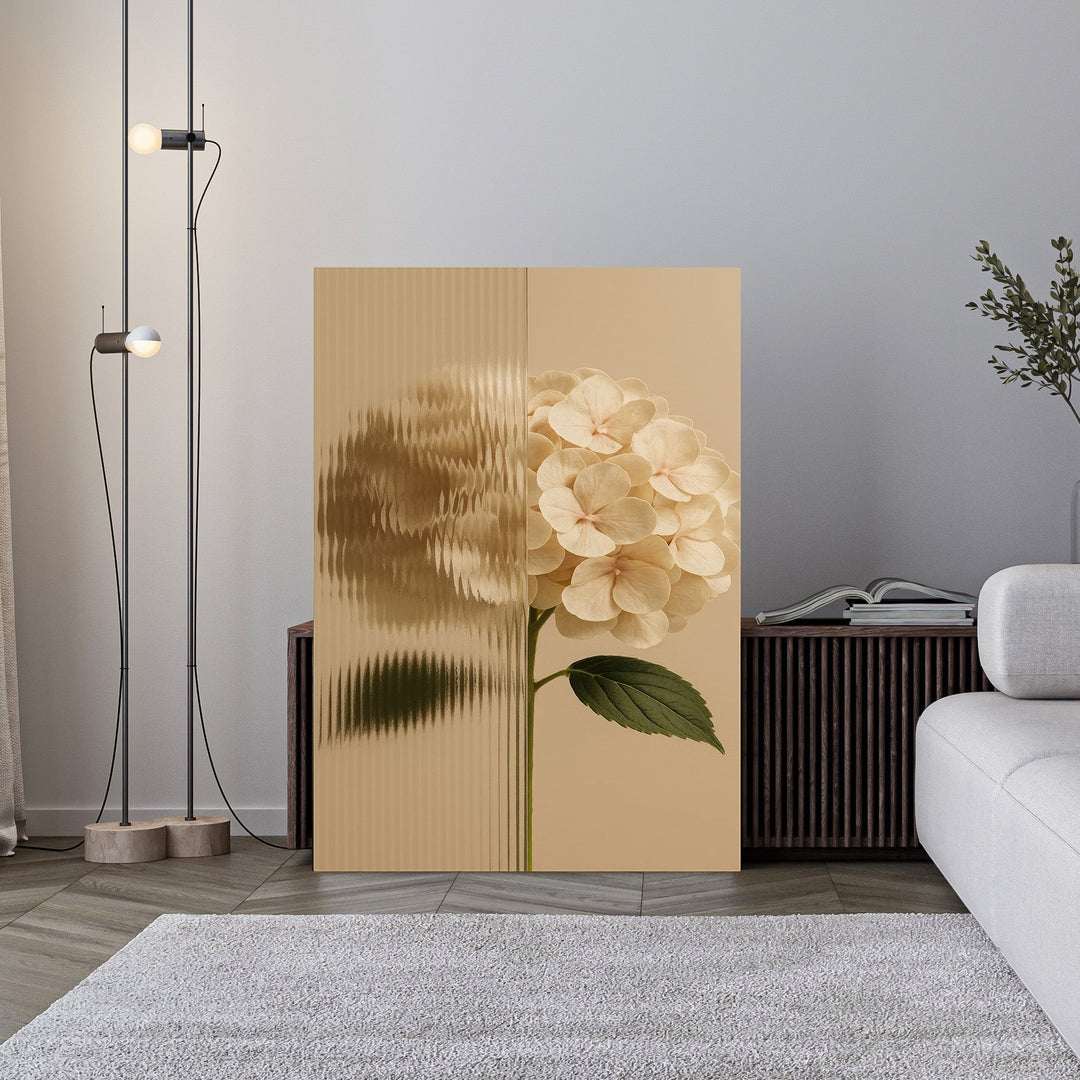 Wadi Home Textured Hydrangea Botanical Art Print with a textured glass effect and soft neutral background.