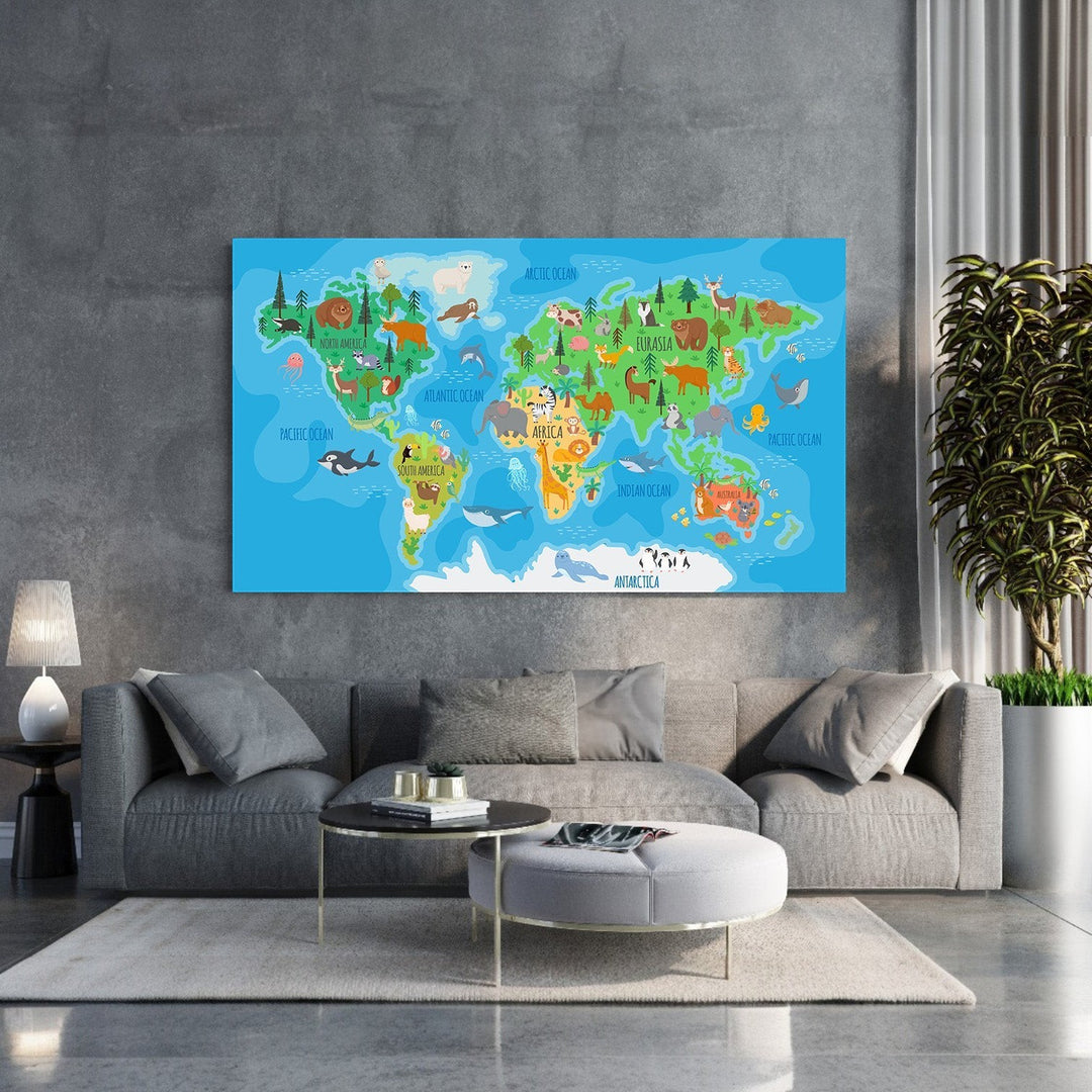 Wadi Home illustrated world map with animals, featuring continents, oceans, and diverse wildlife in vibrant colors. Educational decor for kids.