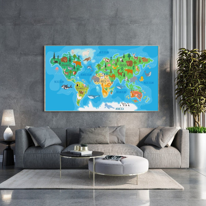 Wadi Home illustrated world map with animals, featuring continents and oceans with colorful wildlife illustrations. Educational decor for kids.