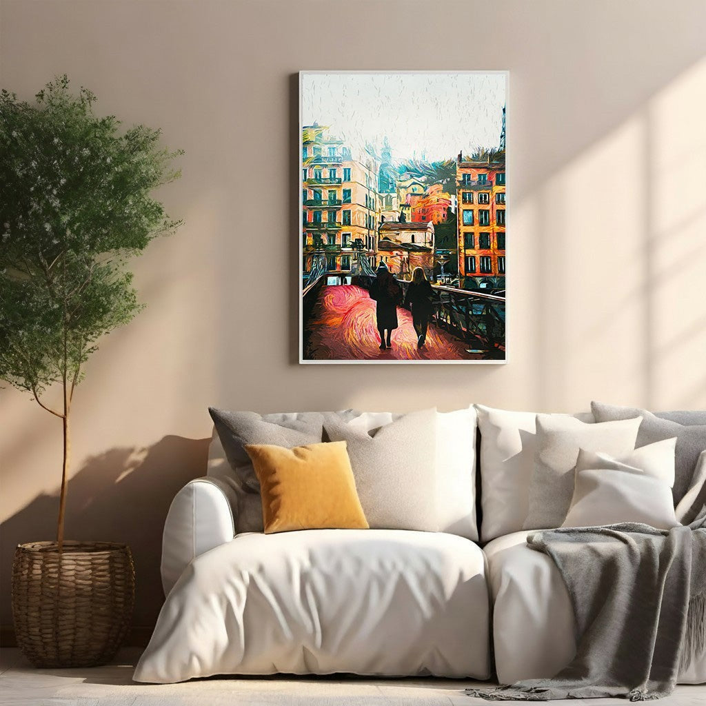 Wadi Home Impressionist cityscape painting of two figures walking on a bridge lined with colorful buildings, textured brushstrokes.