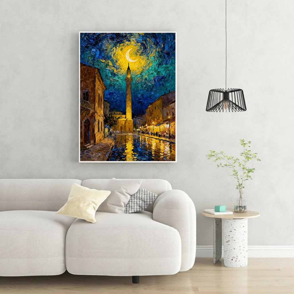 Wadi Home Impressionist night cityscape canvas art with moonlit tower and reflections on water. Vibrant blues, yellows.