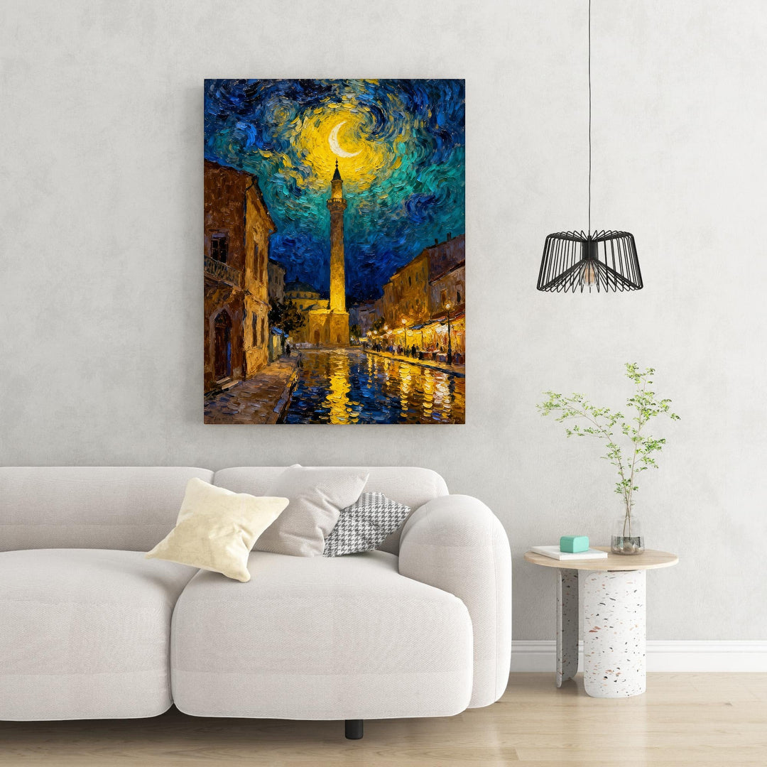 Wadi Home Impressionist night cityscape canvas art with a crescent moon and starry sky over a European street with reflections.