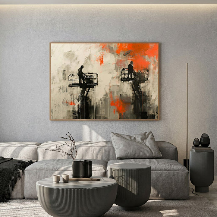 Wadi Home Industrial Abstract Figures Canvas Art with orange accents and two silhouetted figures on elevated platforms.