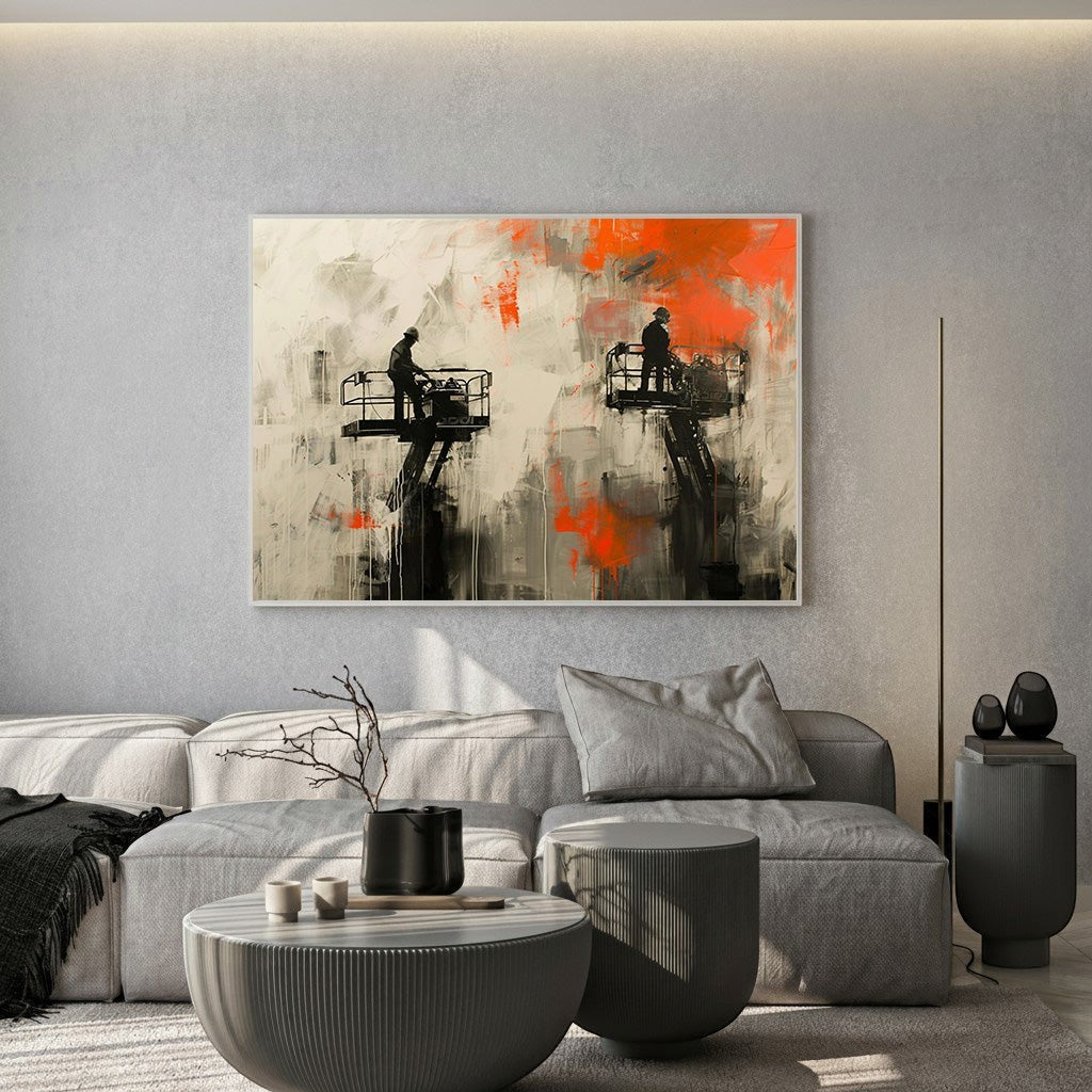 Wadi Home Industrial Abstract Figures Canvas Art with orange accents and silhouetted workers on lifts.