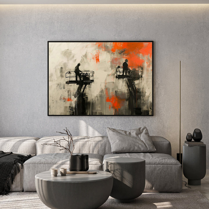 Wadi Home Industrial Abstract Figures canvas art with orange accents, featuring two silhouetted figures on elevated platforms.