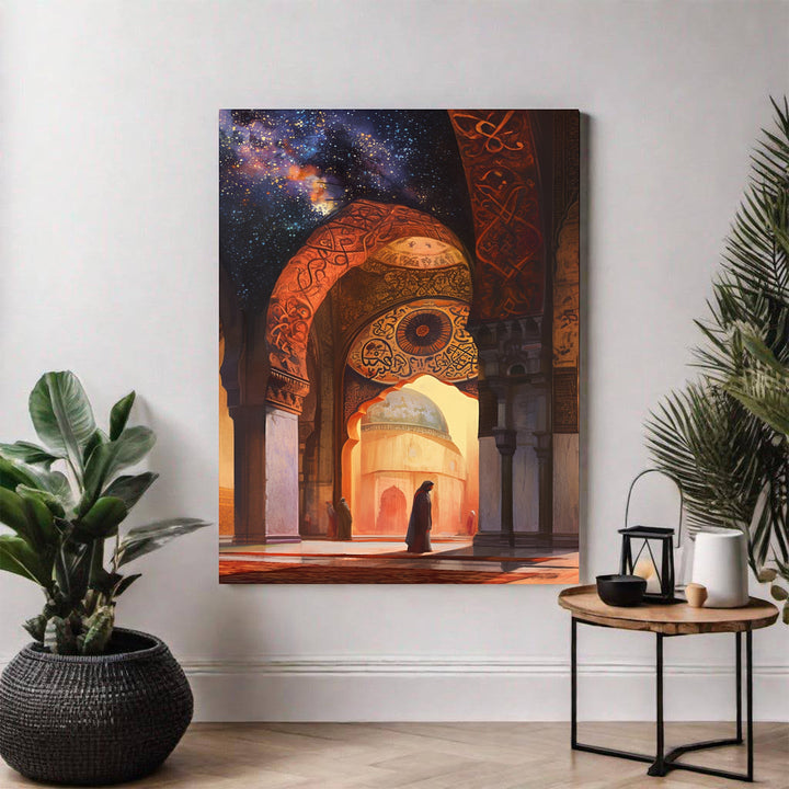 Wadi Home Islamic architecture under a starry sky canvas print. Features arches, domes, and celestial patterns in warm gold and deep blue hues.
