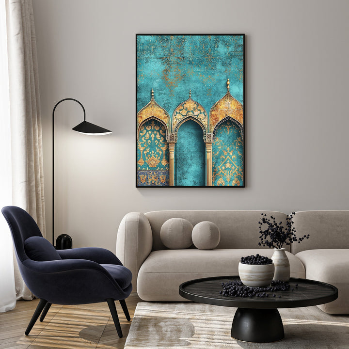 Wadi Home Islamic archway canvas art with turquoise and gold detailing. Triptych design.