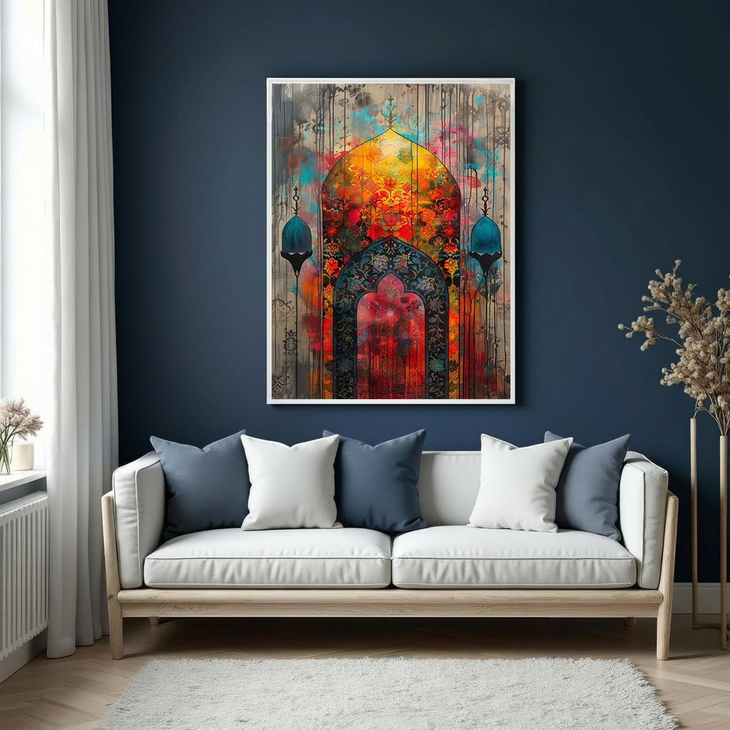 Wadi Home vibrant abstract Islamic archway canvas print with intricate details and rich colors.