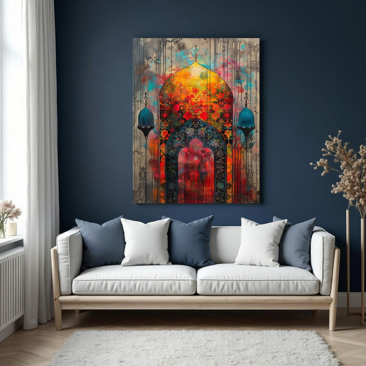 Wadi Home Islamic archway canvas print with vibrant abstract colors and intricate details, reminiscent of a mosque entrance.