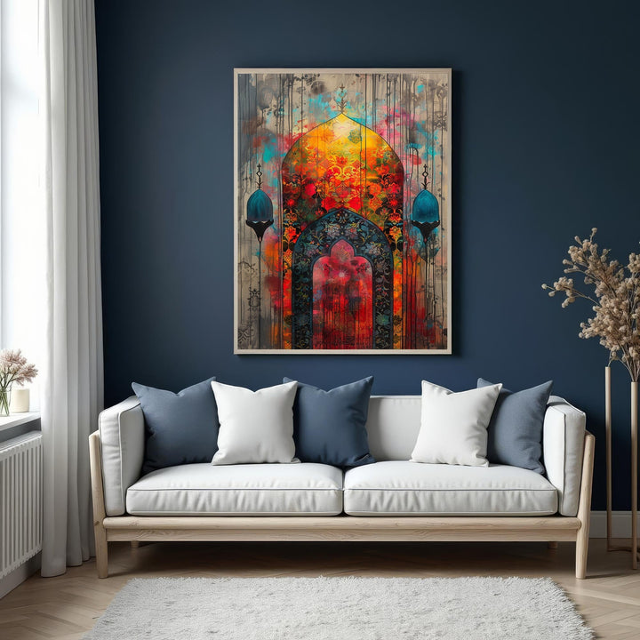 Wadi Home vibrant abstract Islamic archway canvas print with intricate details and rich colors, framed art.