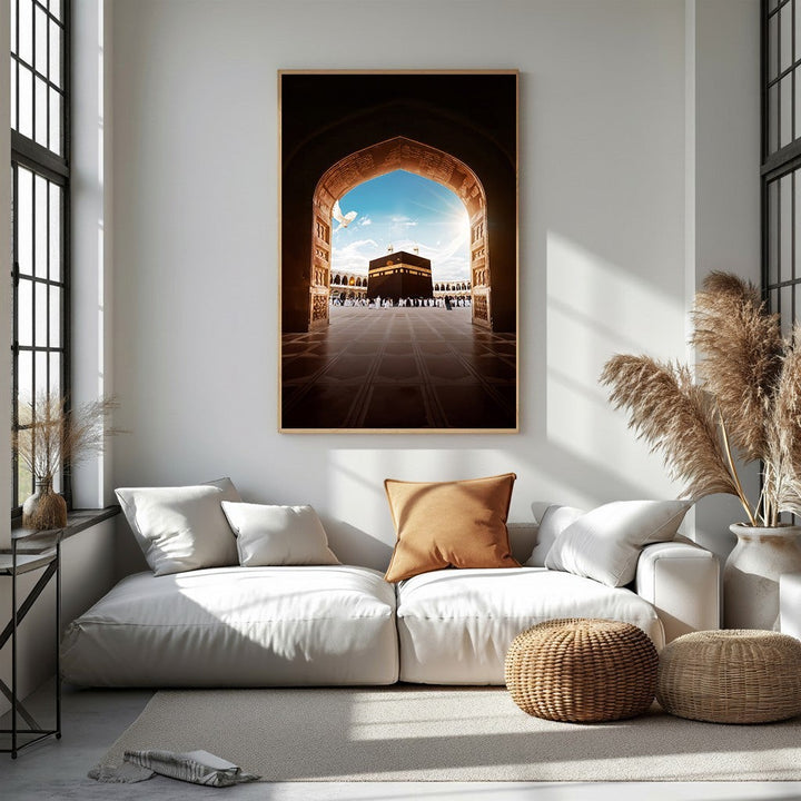 Wadi Home Islamic Archway Wall Art featuring the Kaaba in Mecca under a blue sky, framed in wood.
