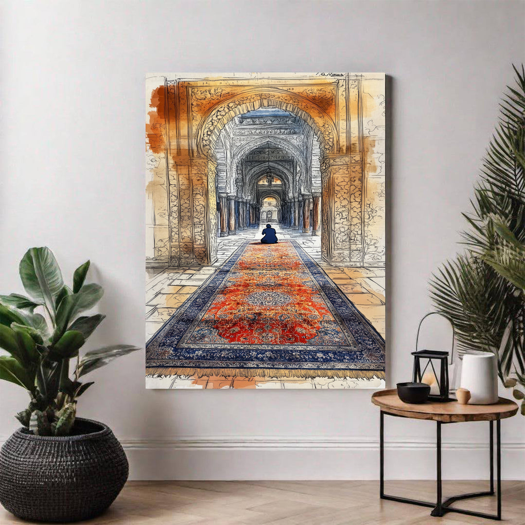 Wadi Home Islamic archway artwork with a lone figure praying on a vibrant, patterned rug. Sketch and watercolor style.