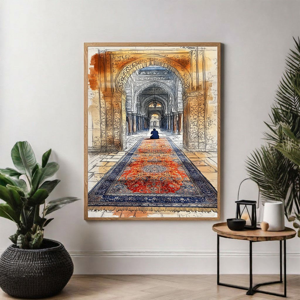 Wadi Home Islamic archway artwork with a lone figure praying on a vibrant, patterned rug. Sketch and watercolor style.