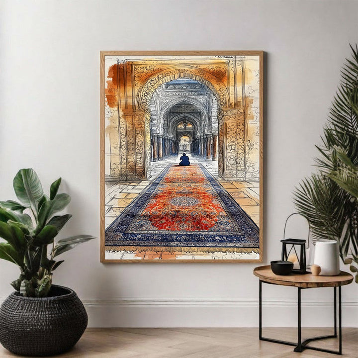 Wadi Home Islamic archway artwork with a lone figure praying on a vibrant, patterned rug. Sketch and watercolor style.