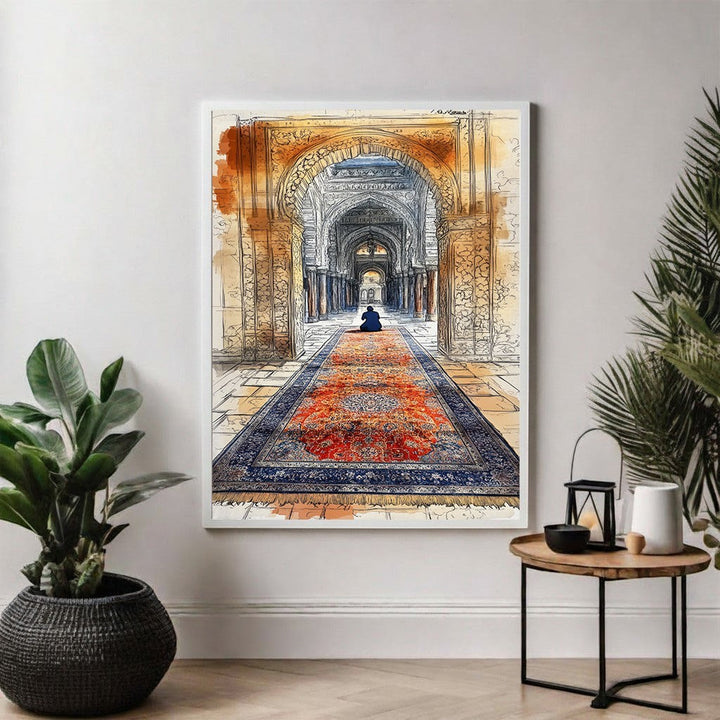 Wadi Home Islamic archway artwork with a lone figure praying on a vibrant, patterned rug. Sketch and watercolor style.