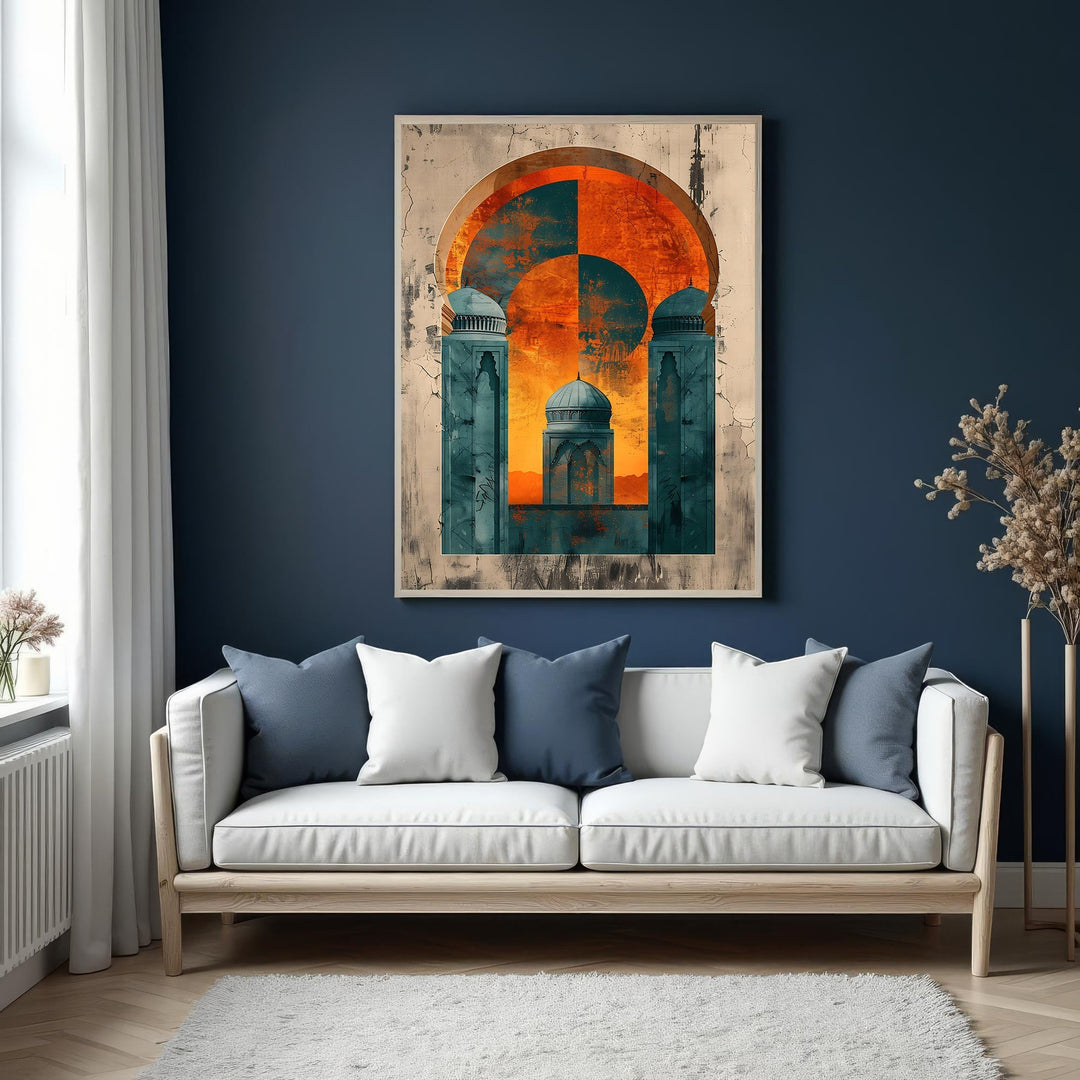 Wadi Home Abstract Islamic Archway Wall Art in teal and orange, depicting Islamic architecture with modern artistic flair.