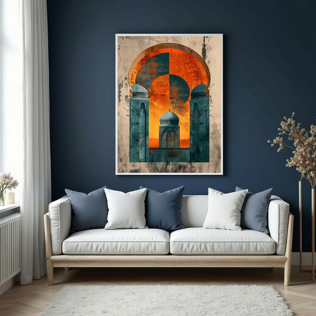 Wadi Home Abstract Islamic Archway Wall Art with deep teal and vibrant orange geometric design, evoking Islamic architecture.