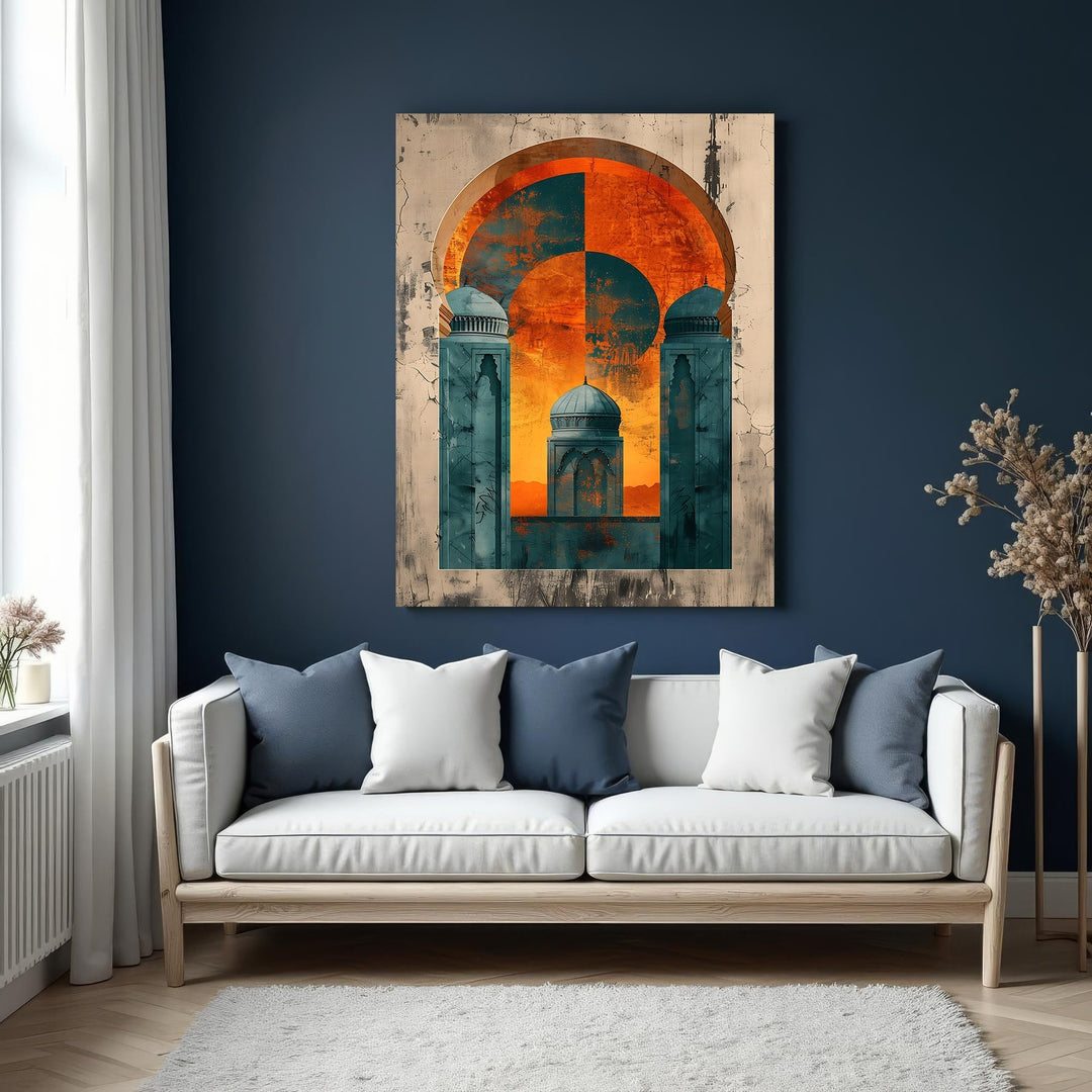 Wadi Home abstract Islamic archway wall art in teal and orange, featuring Islamic architecture motifs.