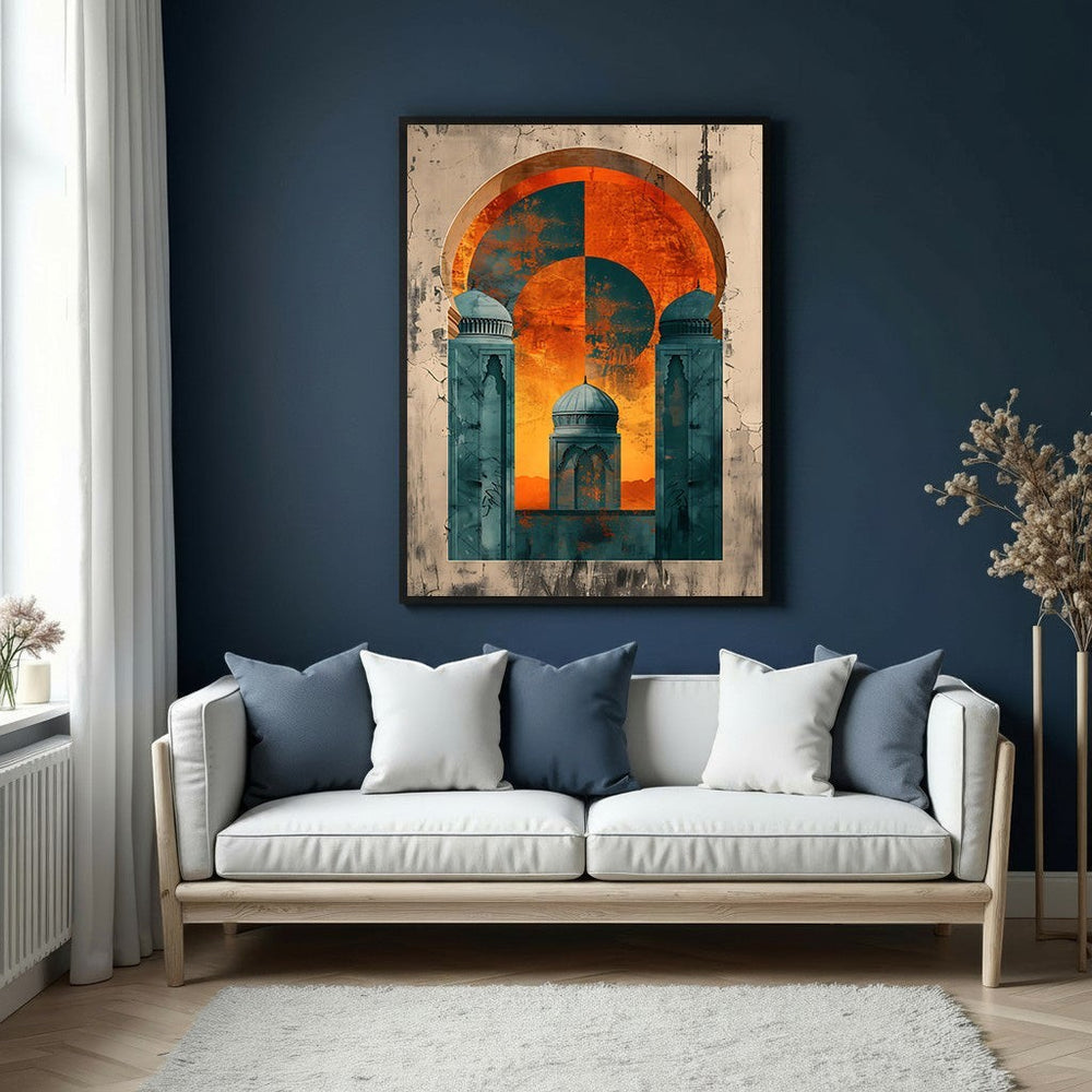 Wadi Home abstract Islamic archway wall art with teal and orange geometric design, framed.