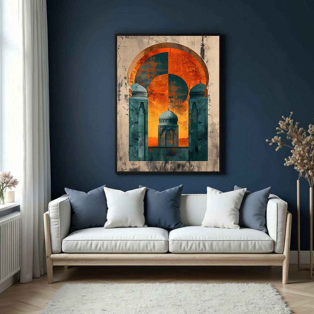 Wadi Home abstract Islamic archway wall art with teal and orange geometric design, framed.