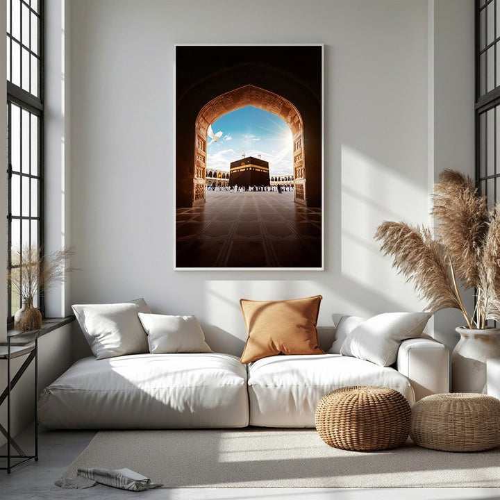 Wadi Home Islamic Archway With Kaaba View Wall Art, featuring the Kaaba through an ornate archway with a blue sky and white dove.