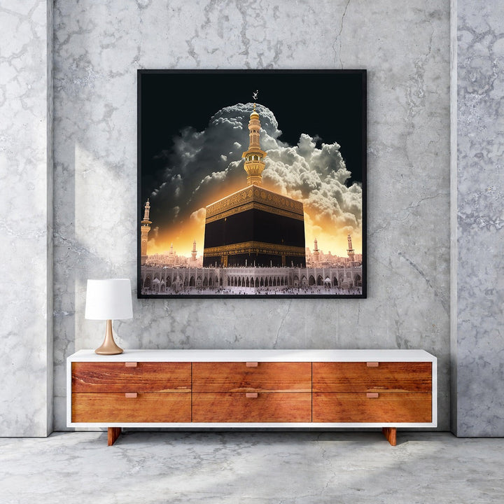 Wadi Home Islamic Kaaba artwork featuring the Kaaba in Mecca with golden light and dramatic clouds, printed on high-quality material.