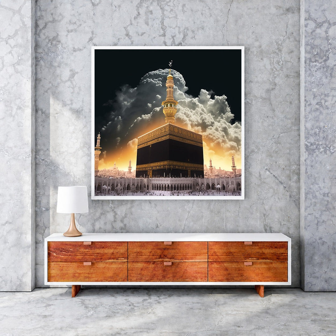 Wadi Home Islamic Kaaba artwork featuring the cube structure in Mecca, illuminated by golden light through clouds.