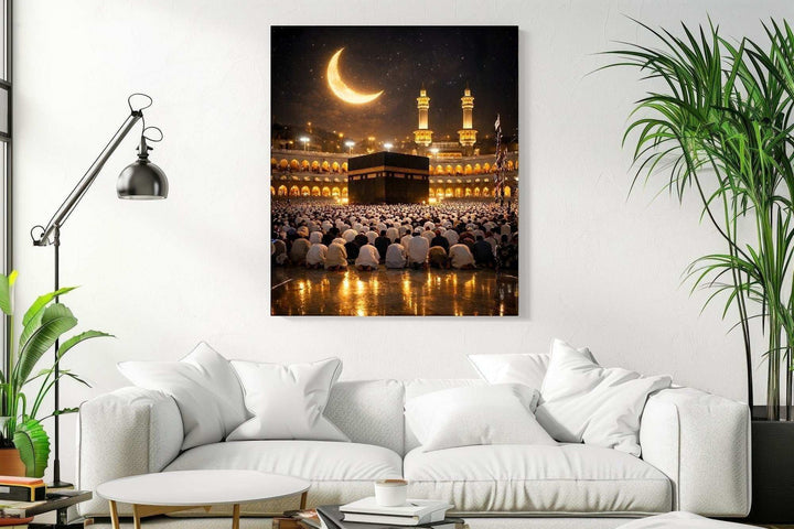 Wadi Home Islamic Kaaba Crescent Moon Wall Art depicting worshippers praying under a crescent moon and stars. High-quality print.