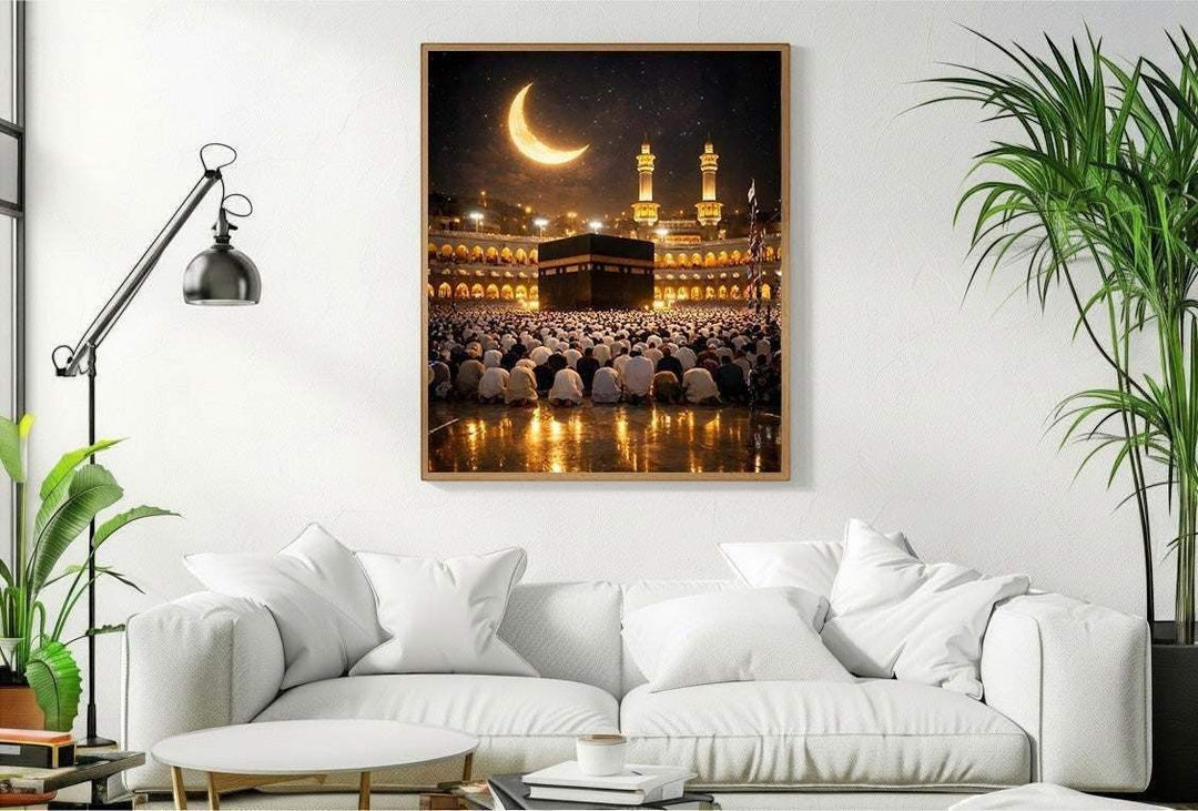Wadi Home Islamic Kaaba Crescent Moon Wall Art with worshippers praying at night. Framed print.