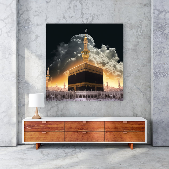 Wadi Home Islamic Kaaba artwork featuring the Kaaba in Mecca illuminated by golden light breaking through clouds, with pilgrims below.