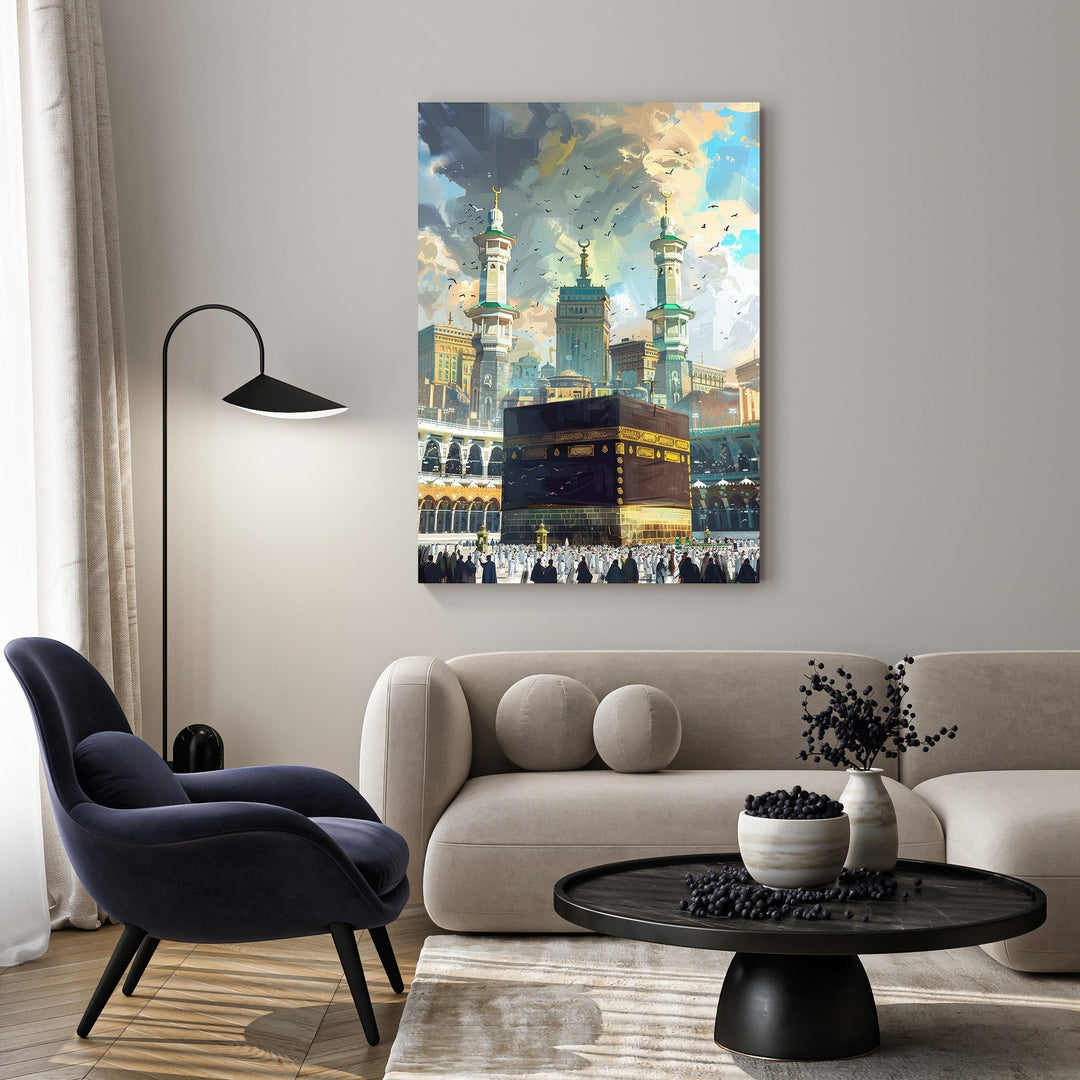 Wadi Home Islamic Kaaba painting depicts the holy Kaaba in Mecca with vibrant skies and a crowd of worshippers. Artwork captures faith and devotion.