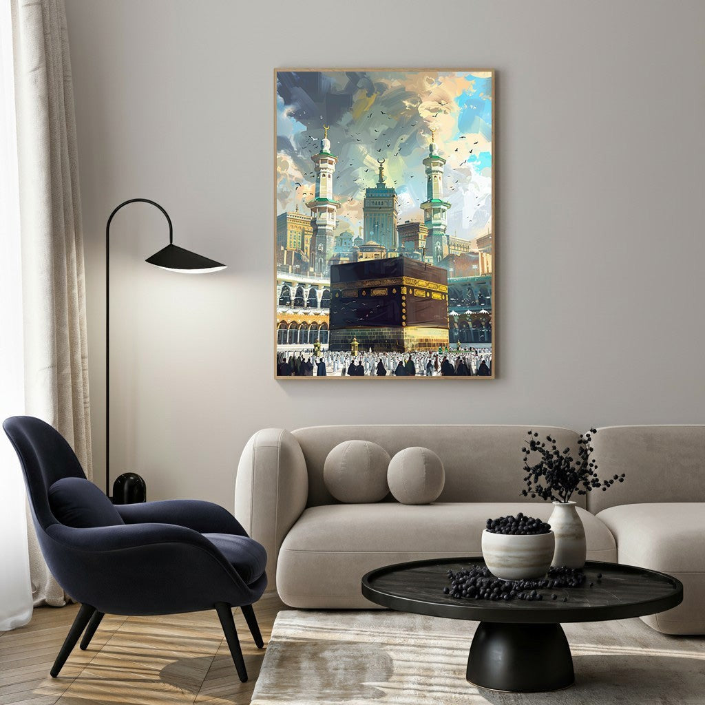 Wadi Home Islamic Kaaba painting depicting the Kaaba in Mecca with vibrant skies and a crowd of people. Framed artwork.