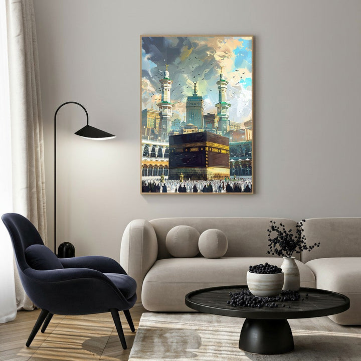 Wadi Home Islamic Kaaba painting depicting the Kaaba in Mecca with vibrant skies and a crowd of people. Framed artwork.