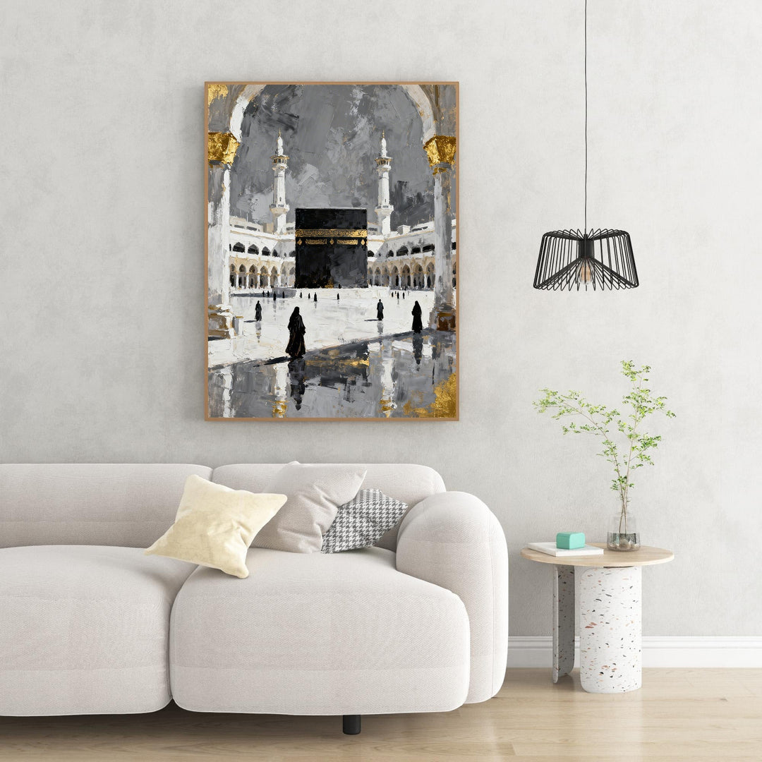 Wadi Home Islamic Kaaba painting with gold accents, abstract textured art of Mecca.