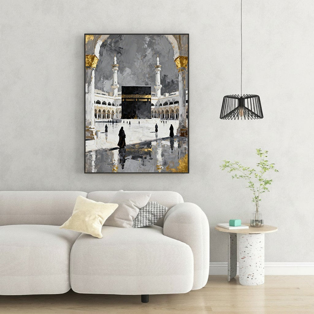 Wadi Home Islamic Kaaba painting in abstract style with gold accents, depicting Mecca's holy site.