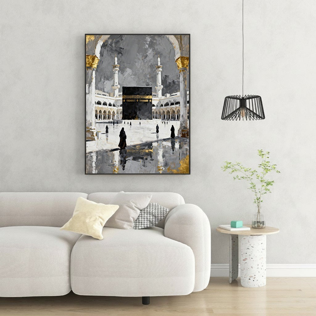 Wadi Home Islamic Kaaba painting in abstract style with gold accents, depicting Mecca's holy site.