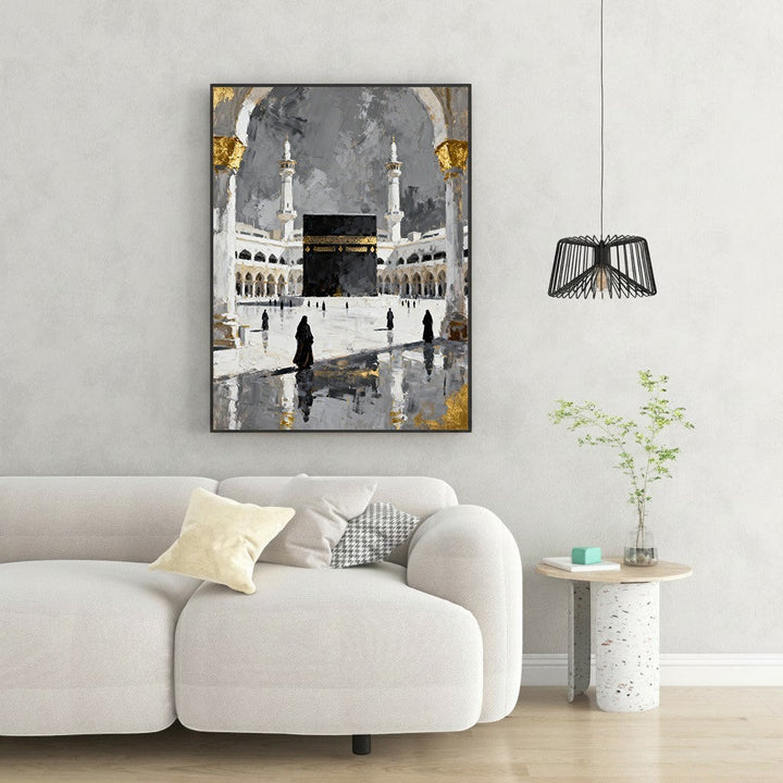 Wadi Home Islamic Kaaba painting in abstract style with gold accents, depicting Mecca's holy site.